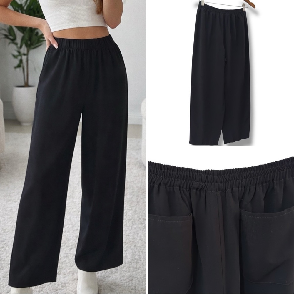 NWOT Women's Black Wide-Leg Elastic Waist with Back Pockets Pull-On Pants (sz M)